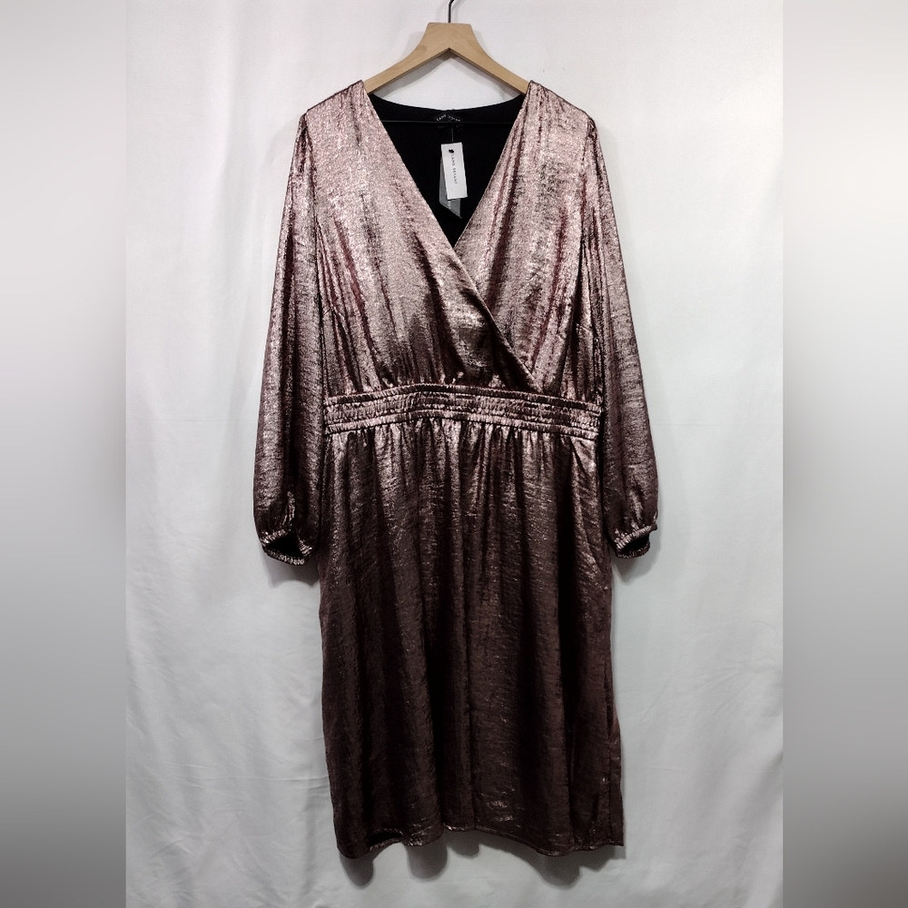 NWT Lane Bryant Blouson-Sleeve Surplice Metallic Midi Dress Women's 22/24 Rose - Picture 2 of 14